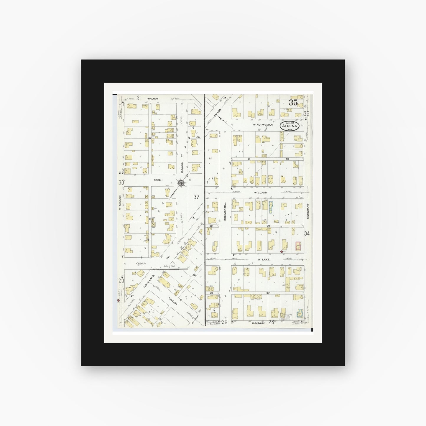 Old map wall art mockup — black gallery frame with white mat — Sanborn Fire Insurance Map from Alpena, Alpena County, Michigan (1910), Sheet #0035