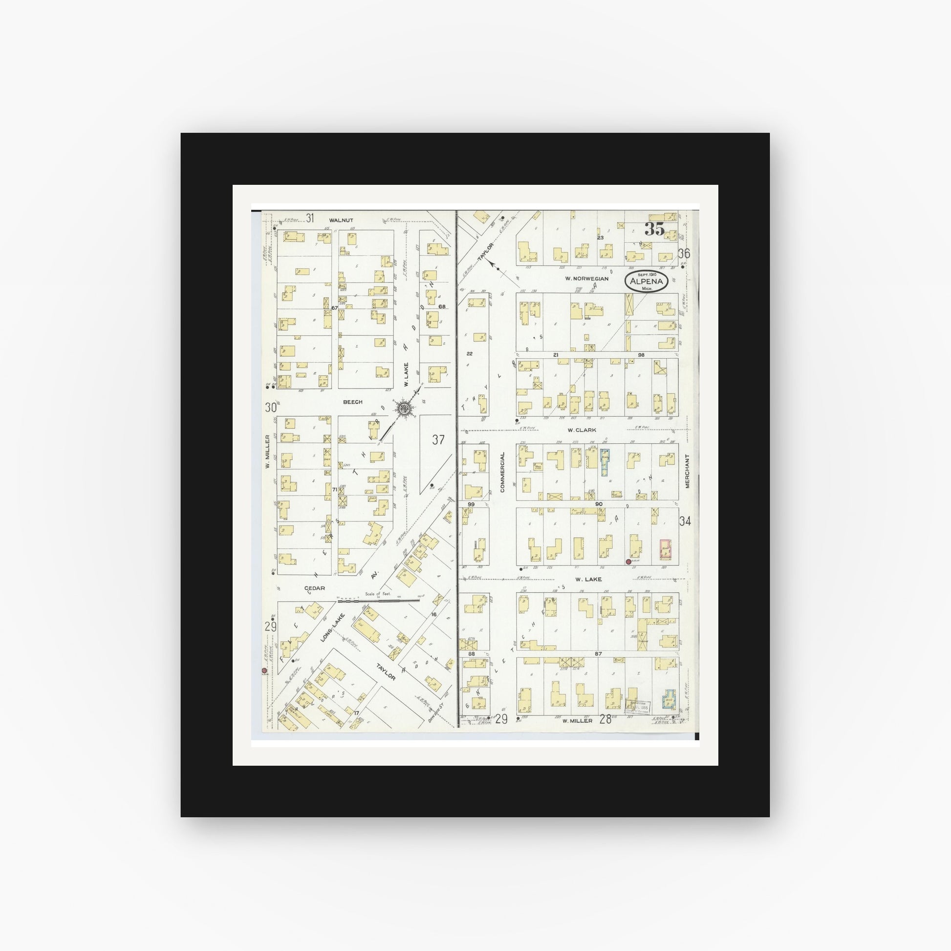 Old map wall art mockup — black gallery frame with white mat — Sanborn Fire Insurance Map from Alpena, Alpena County, Michigan (1910), Sheet #0035