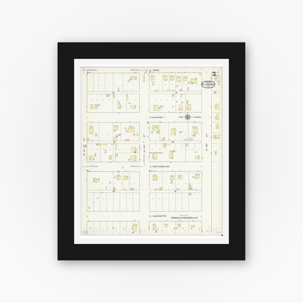 Old map wall art mockup — black gallery frame with white mat — Sanborn Fire Insurance Map from Plainview, Hale County, Texas (1914), Sheet #0002