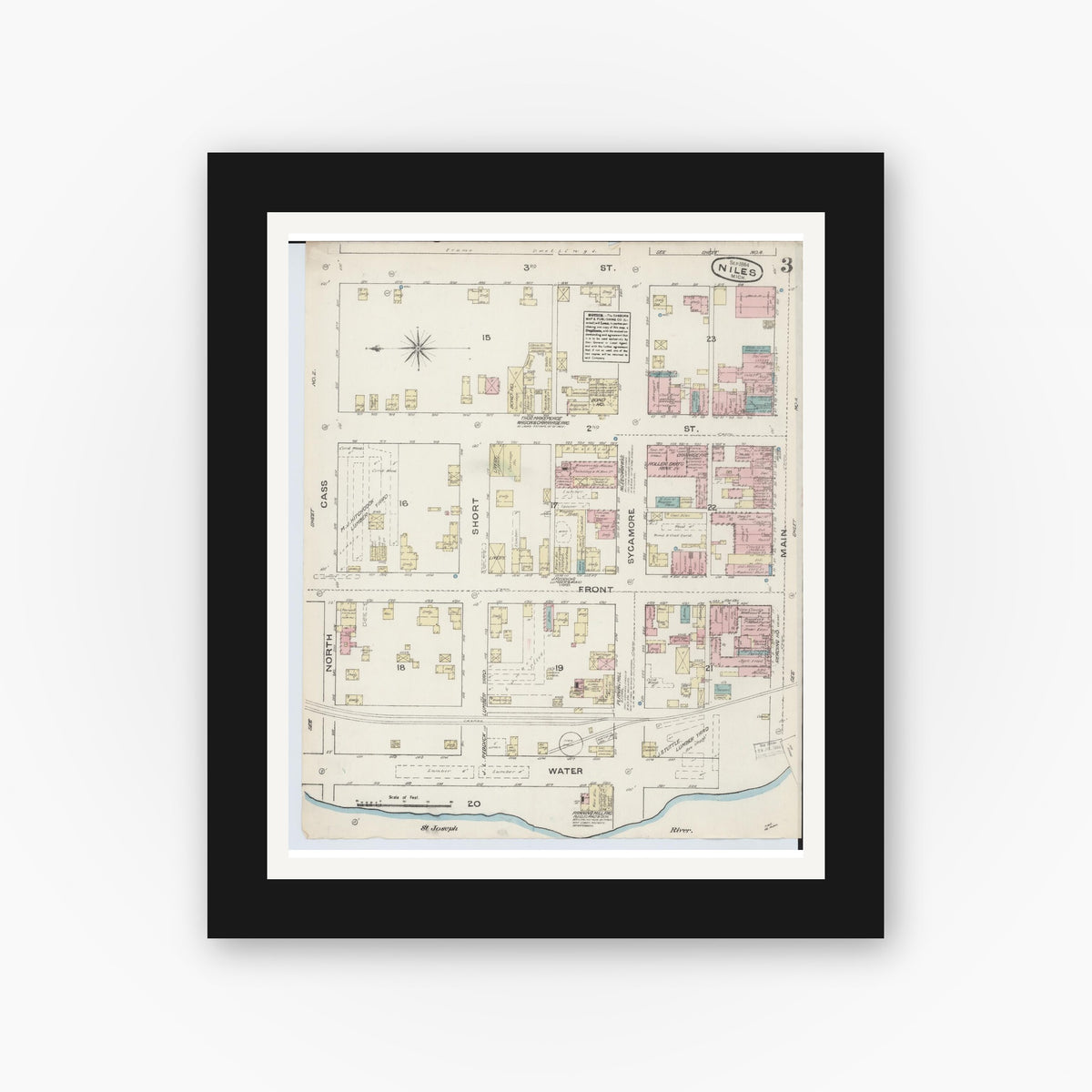 Old map wall art mockup — black gallery frame with white mat — Sanborn Fire Insurance Map from Niles, Berrien County, Michigan (1884), Sheet #0003