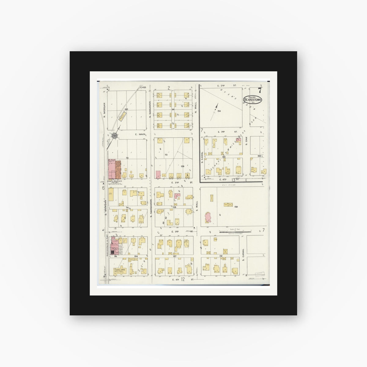 Old map wall art mockup — black gallery frame with white mat — Sanborn Fire Insurance Map from Beardstown, Cass County, Illinois (1919), Sheet #0007