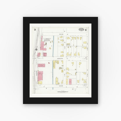 Old map wall art mockup — black gallery frame with white mat — Sanborn Fire Insurance Map from Sanford, Lee County, North Carolina (1925), Sheet #0003