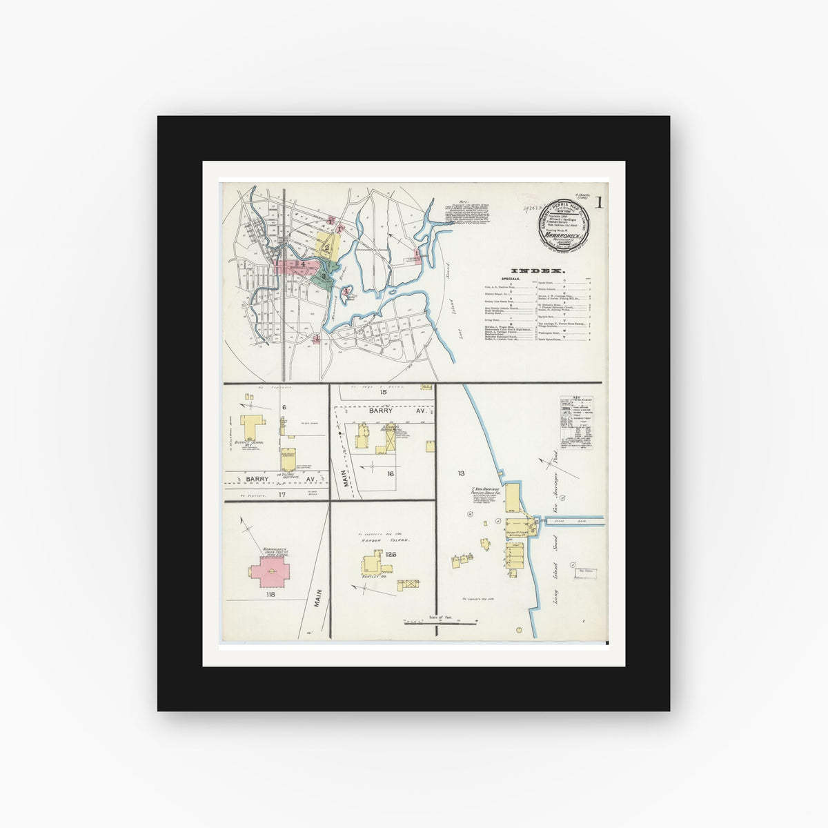 Old map wall art mockup — black gallery frame with white mat — Sanborn Fire Insurance Map from Mamaroneck, Westchester County, New York (1892), Sheet #0001