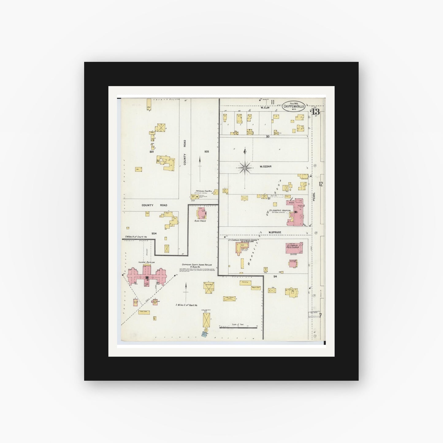 Old map wall art mockup — black gallery frame with white mat — Sanborn Fire Insurance Map from Chippewa Falls, Chippewa County, Wisconsin (1903), Sheet #0013
