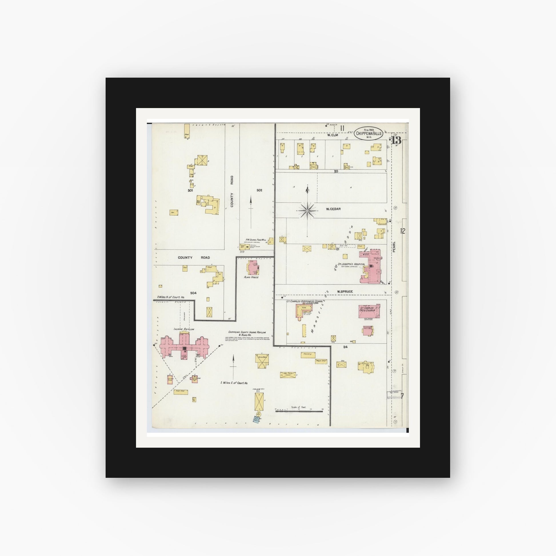 Old map wall art mockup — black gallery frame with white mat — Sanborn Fire Insurance Map from Chippewa Falls, Chippewa County, Wisconsin (1903), Sheet #0013