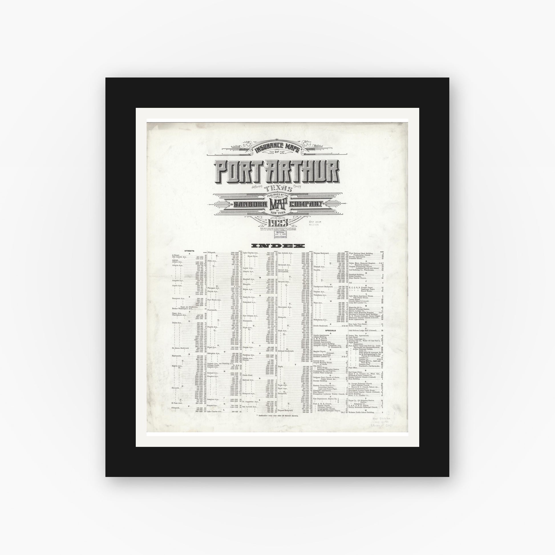 Old map wall art mockup — black gallery frame with white mat — Sanborn Fire Insurance Map from Port Arthur, Jefferson County, Texas (1923), Sheet #0001