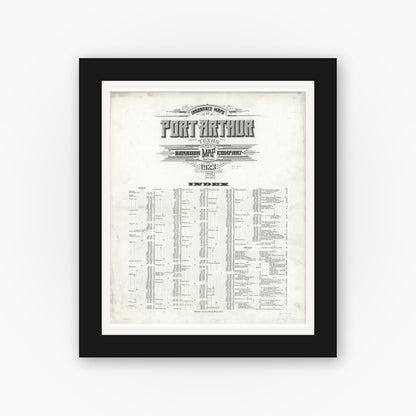 Old map wall art mockup — black gallery frame with white mat — Sanborn Fire Insurance Map from Port Arthur, Jefferson County, Texas (1923), Sheet #0001
