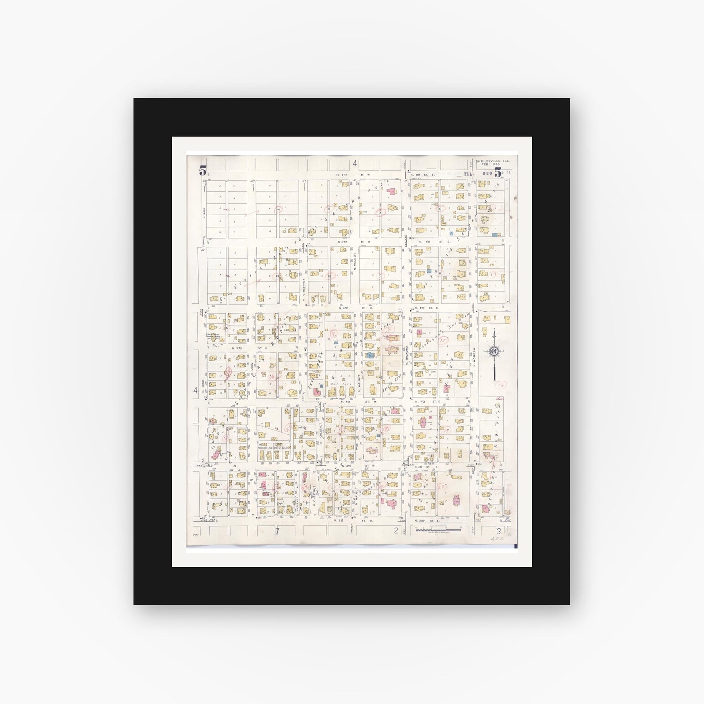 Old map wall art mockup — black gallery frame with white mat — Sanborn Fire Insurance Map from Shelbyville, Shelby County, Illinois (1941), Sheet #0005