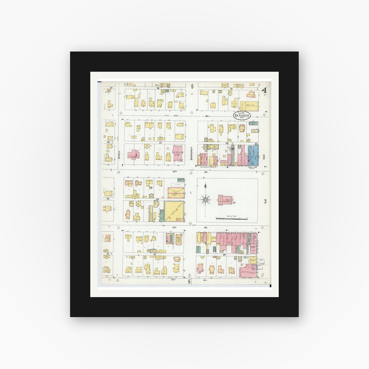 Old map wall art mockup — black gallery frame with white mat — Sanborn Fire Insurance Map from Baraboo, Sauk County, Wisconsin (1904), Sheet #0004