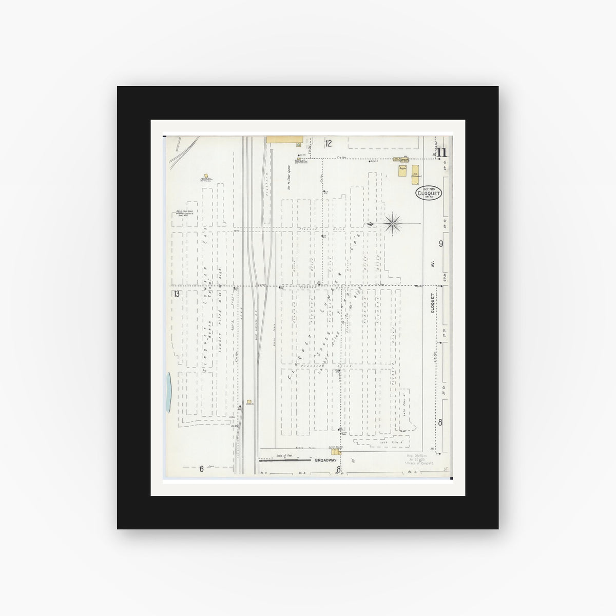 Old map wall art mockup — black gallery frame with white mat — Sanborn Fire Insurance Map from Cloquet, Carlton County, Minnesota (1905), Sheet #0011