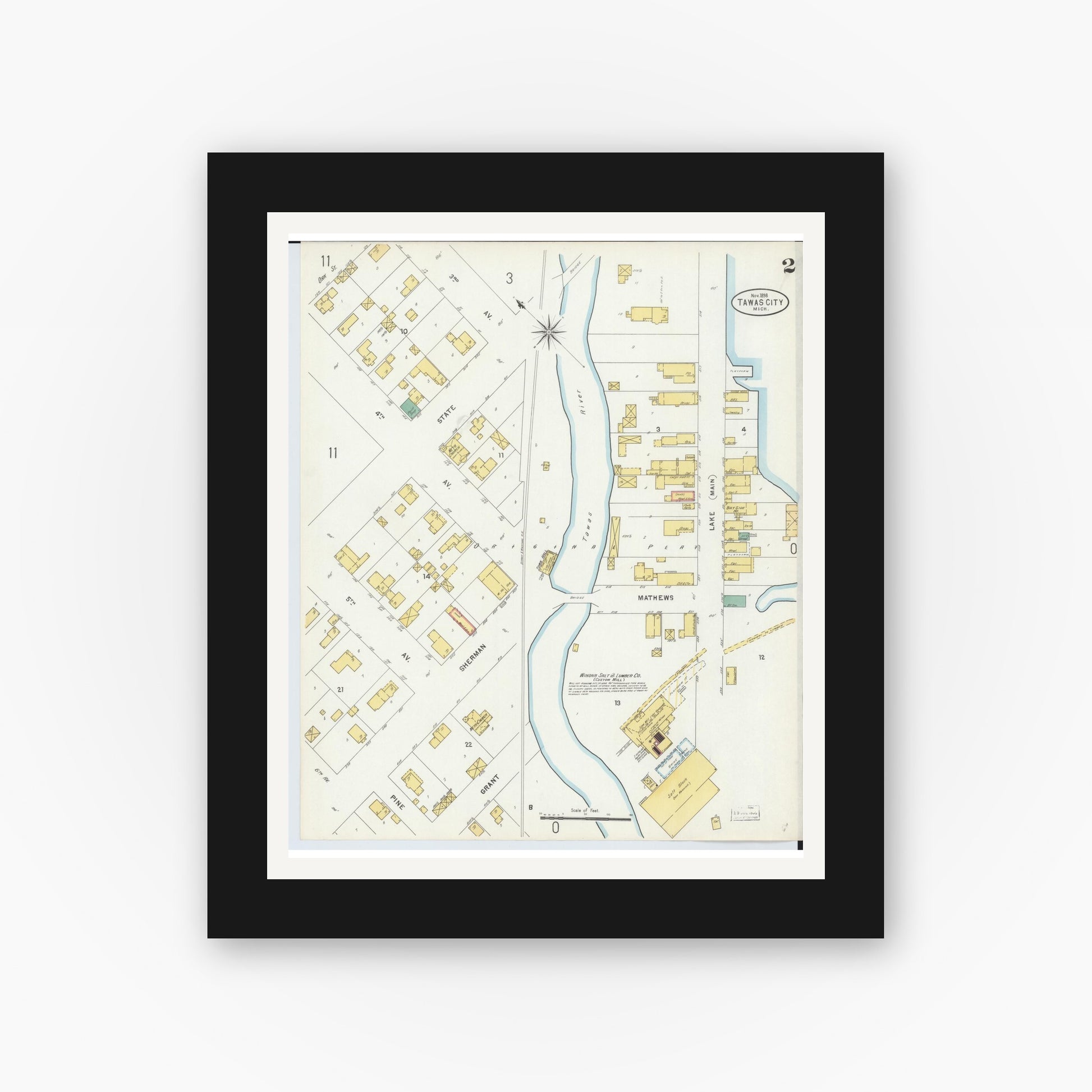 Old map wall art mockup — black gallery frame with white mat — Sanborn Fire Insurance Map from East Tawas, Iosco County, Michigan (1898), Sheet #0002