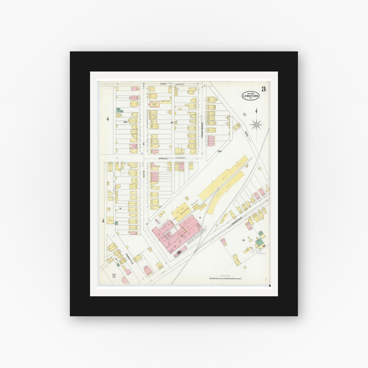 Old map wall art mockup — black gallery frame with white mat — Sanborn Fire Insurance Map from Lewistown, Mifflin County, Pennsylvania (1904), Sheet #0003