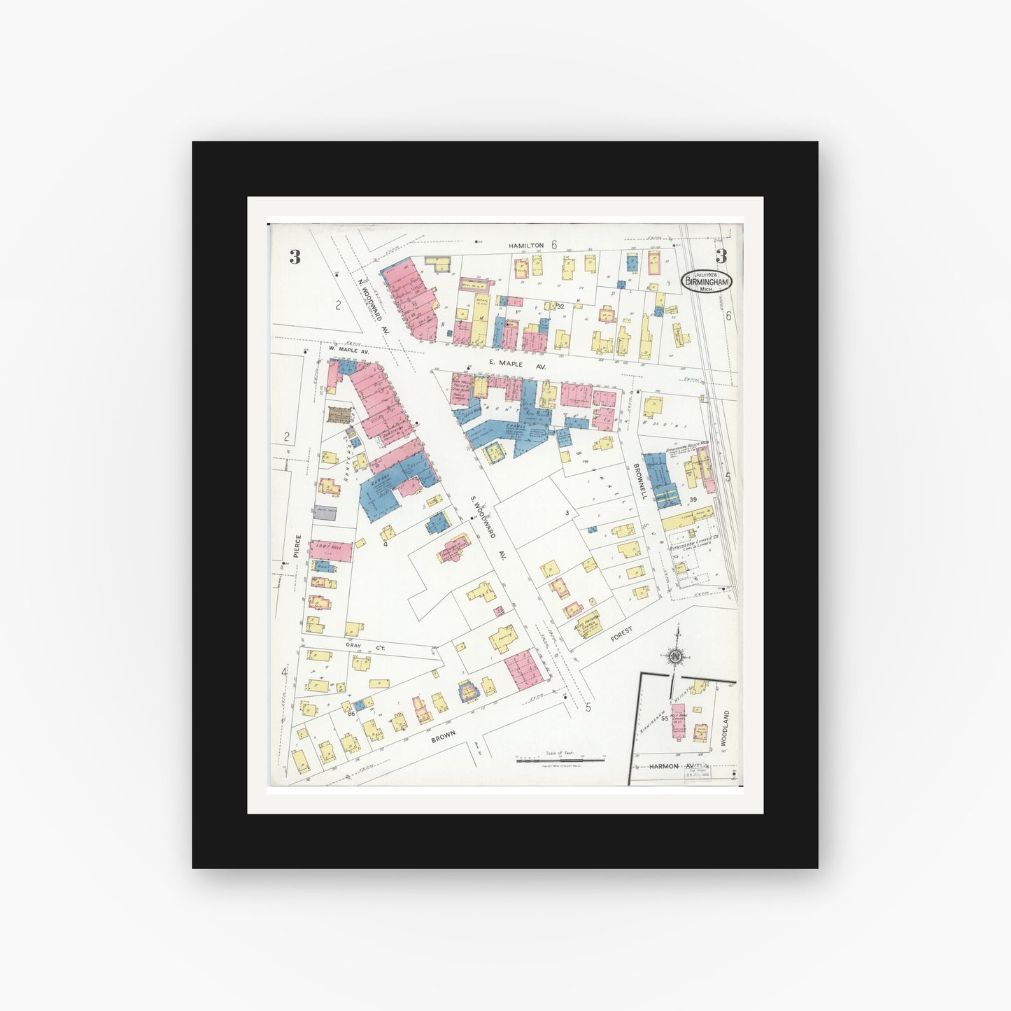 Old map wall art mockup — black gallery frame with white mat — Sanborn Fire Insurance Map from Birmingham, Oakland County, Michigan (1926), Sheet #0003