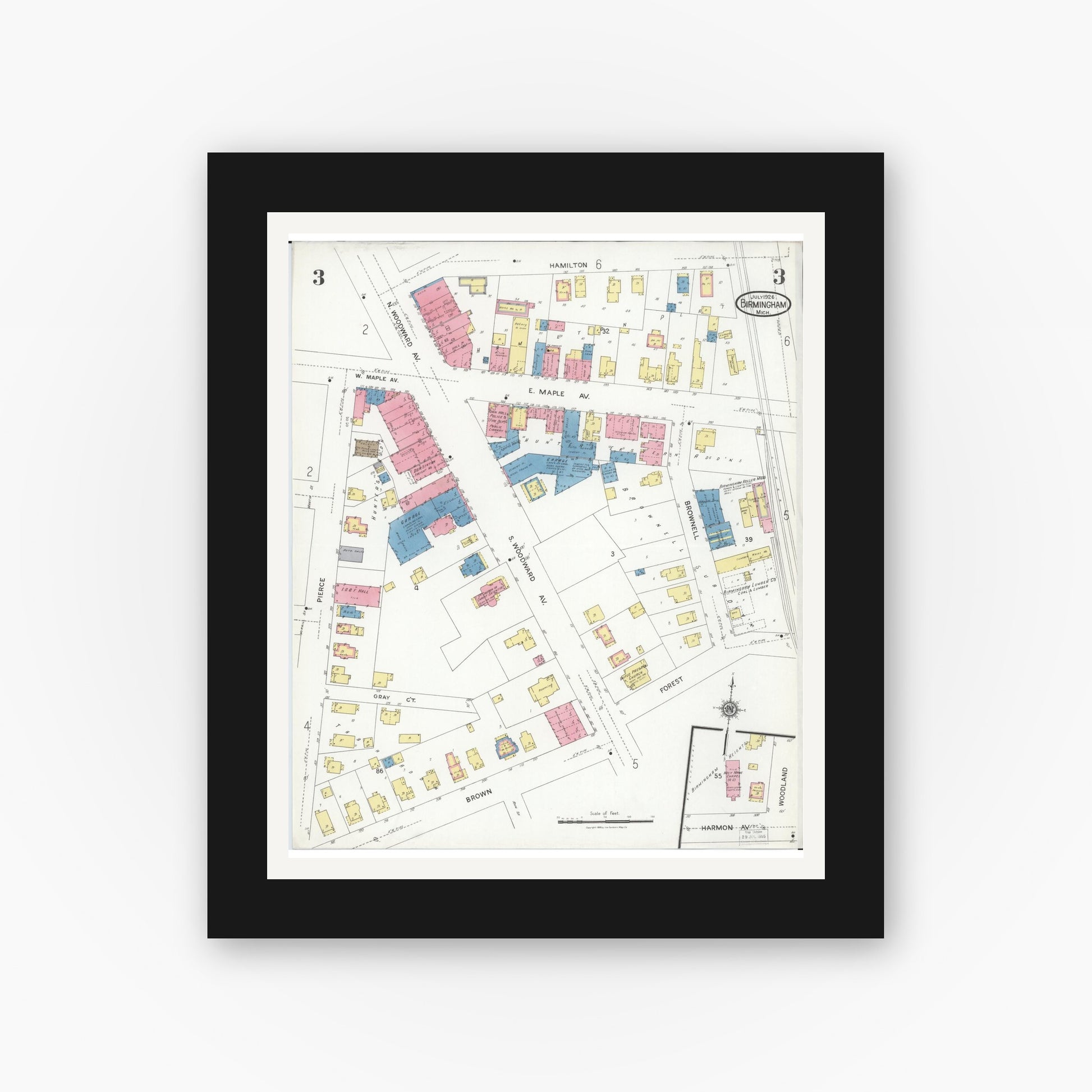 Old map wall art mockup — black gallery frame with white mat — Sanborn Fire Insurance Map from Birmingham, Oakland County, Michigan (1926), Sheet #0003