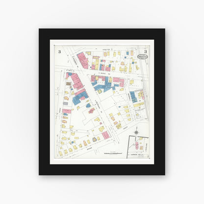 Old map wall art mockup — black gallery frame with white mat — Sanborn Fire Insurance Map from Birmingham, Oakland County, Michigan (1926), Sheet #0003