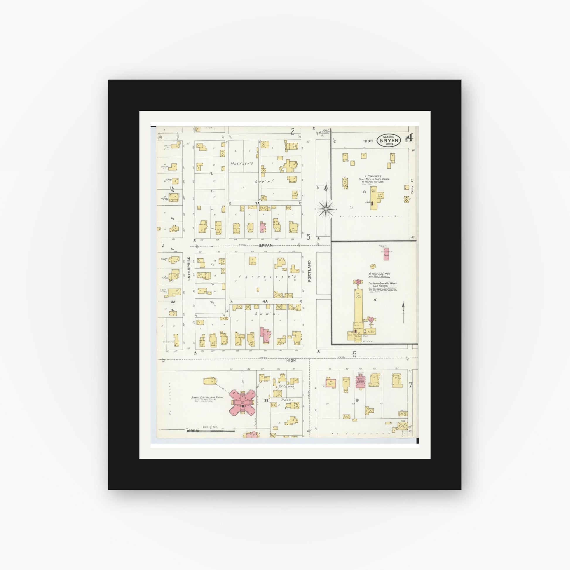 Old map wall art mockup — black gallery frame with white mat — Sanborn Fire Insurance Map from Bryan, Williams County, Ohio (1905), Sheet #0004