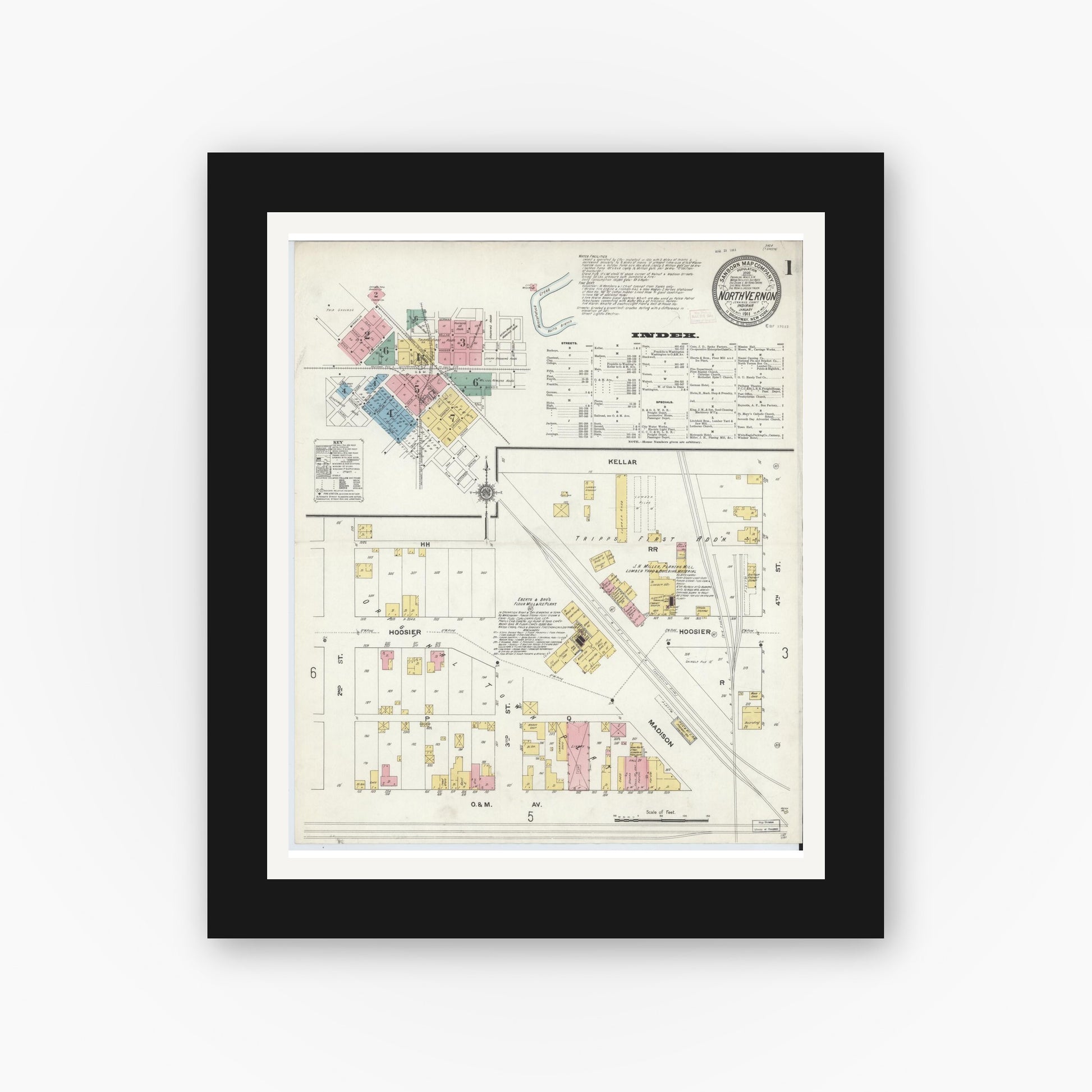 Old map wall art mockup — black gallery frame with white mat — Sanborn Fire Insurance Map from North Vernon, Jennings County, Indiana (1911) - Complete Map Set