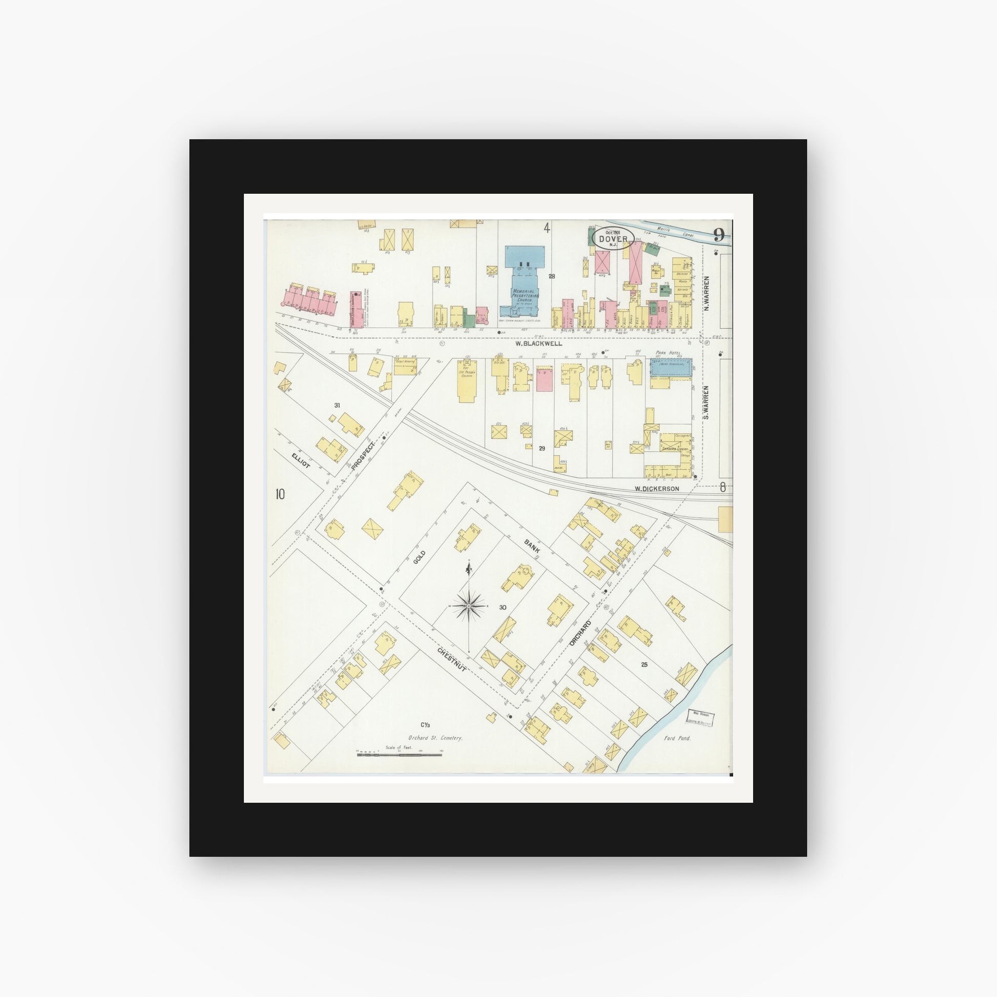 Old map wall art mockup — black gallery frame with white mat — Sanborn Fire Insurance Map from Dover, Morris County, New Jersey (1900), Sheet #0009