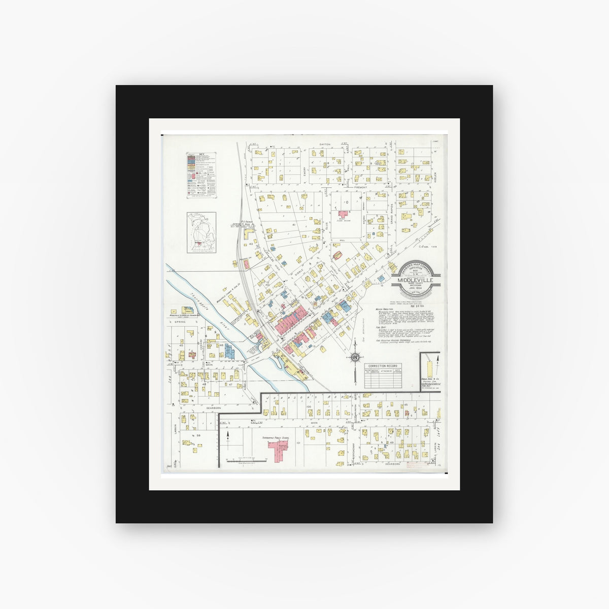 Old map wall art mockup — black gallery frame with white mat — Sanborn Fire Insurance Map from Middleville, Barry County, Michigan (1934), Sheet #0001