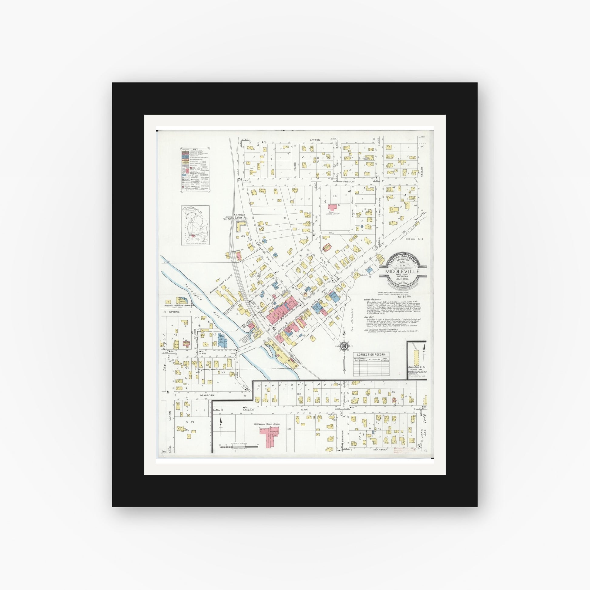 Old map wall art mockup — black gallery frame with white mat — Sanborn Fire Insurance Map from Middleville, Barry County, Michigan (1934), Sheet #0001