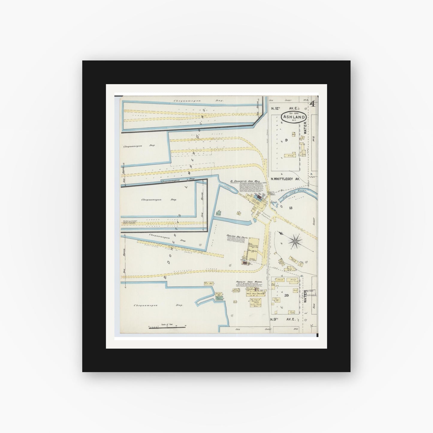 Old map wall art mockup — black gallery frame with white mat — Sanborn Fire Insurance Map from Ashland, Ashland County, Wisconsin (1890), Sheet #0004