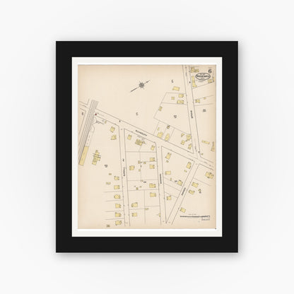 Old map wall art mockup — black gallery frame with white mat — Sanborn Fire Insurance Map from Bridgewater, Plymouth County, Massachusetts (1921), Sheet #0006