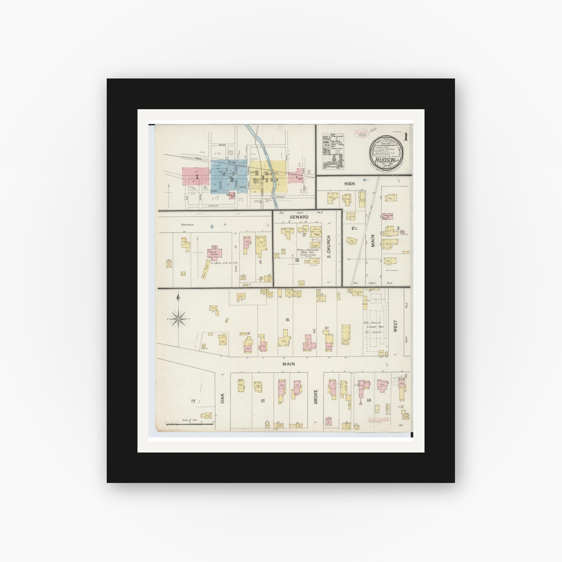 Old map wall art mockup — black gallery frame with white mat — Sanborn Fire Insurance Map from Hudson, Lenawee County, Michigan (1888) - Complete Map Set