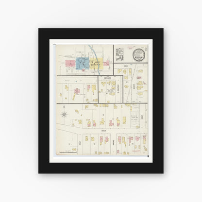Old map wall art mockup — black gallery frame with white mat — Sanborn Fire Insurance Map from Hudson, Lenawee County, Michigan (1888) - Complete Map Set