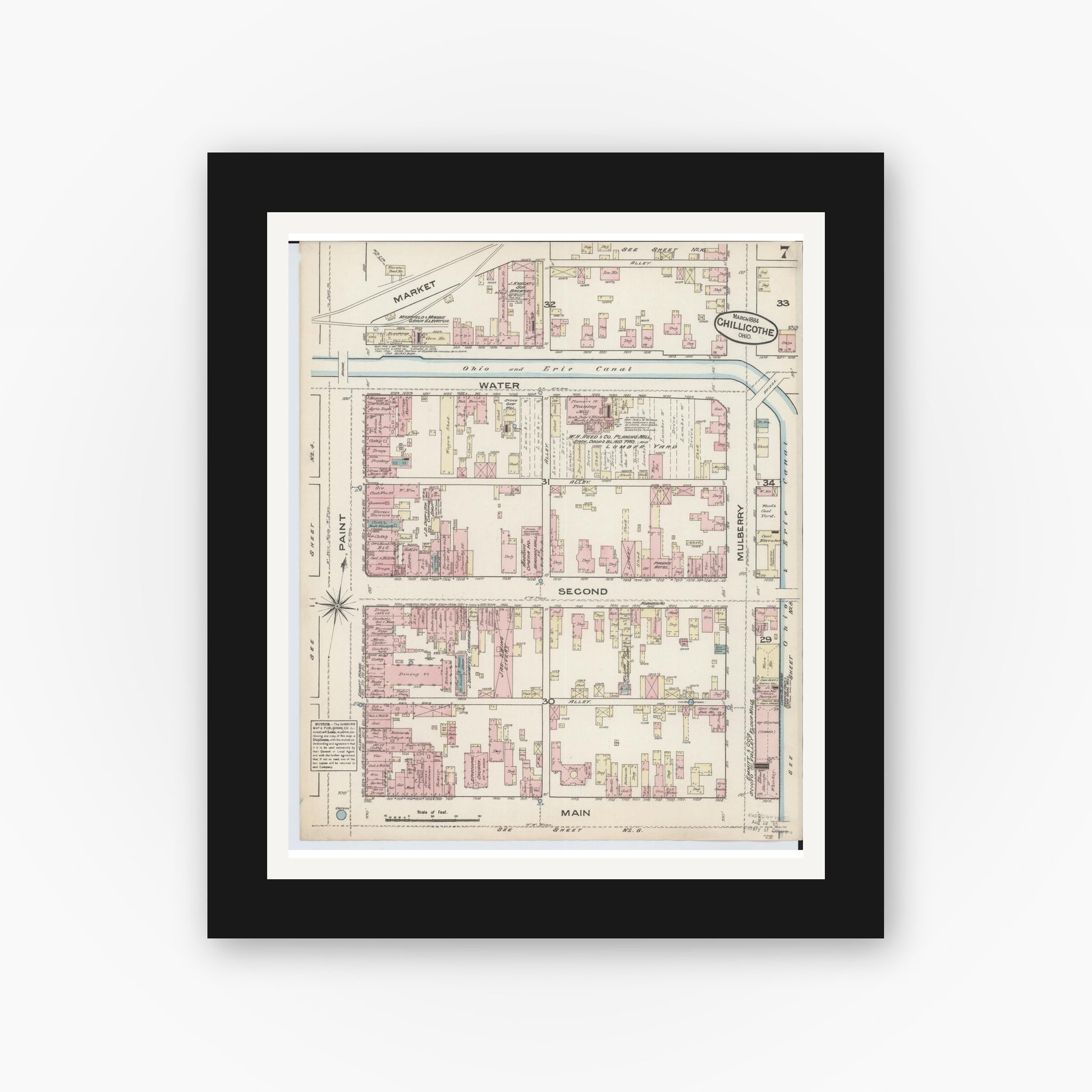 Old map wall art mockup — black gallery frame with white mat — Sanborn Fire Insurance Map from Chillicothe, Ross County, Ohio (1884), Sheet #0007