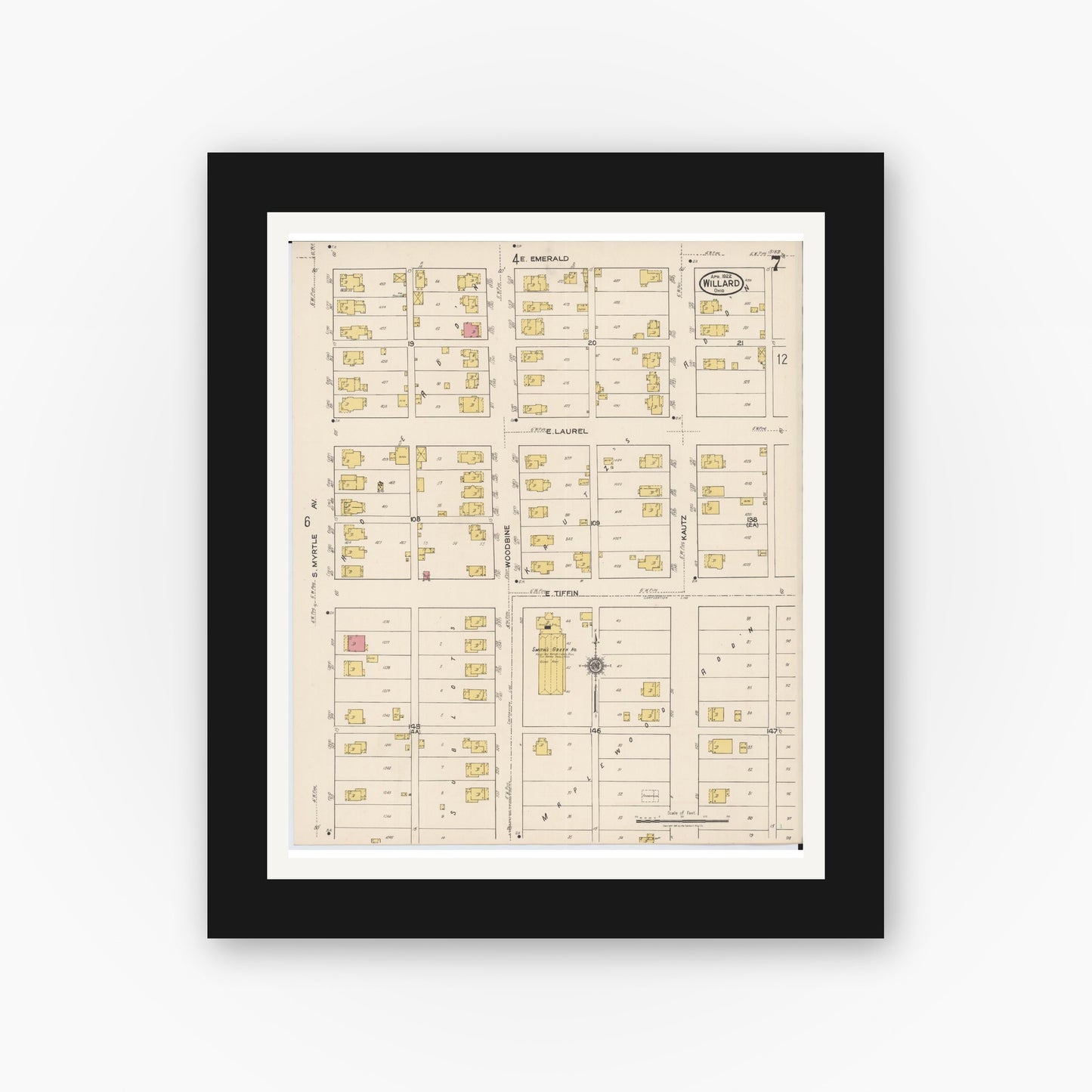 Old map wall art mockup — black gallery frame with white mat — Sanborn Fire Insurance Map from Willard, Huron County, Ohio (1922), Sheet #0007