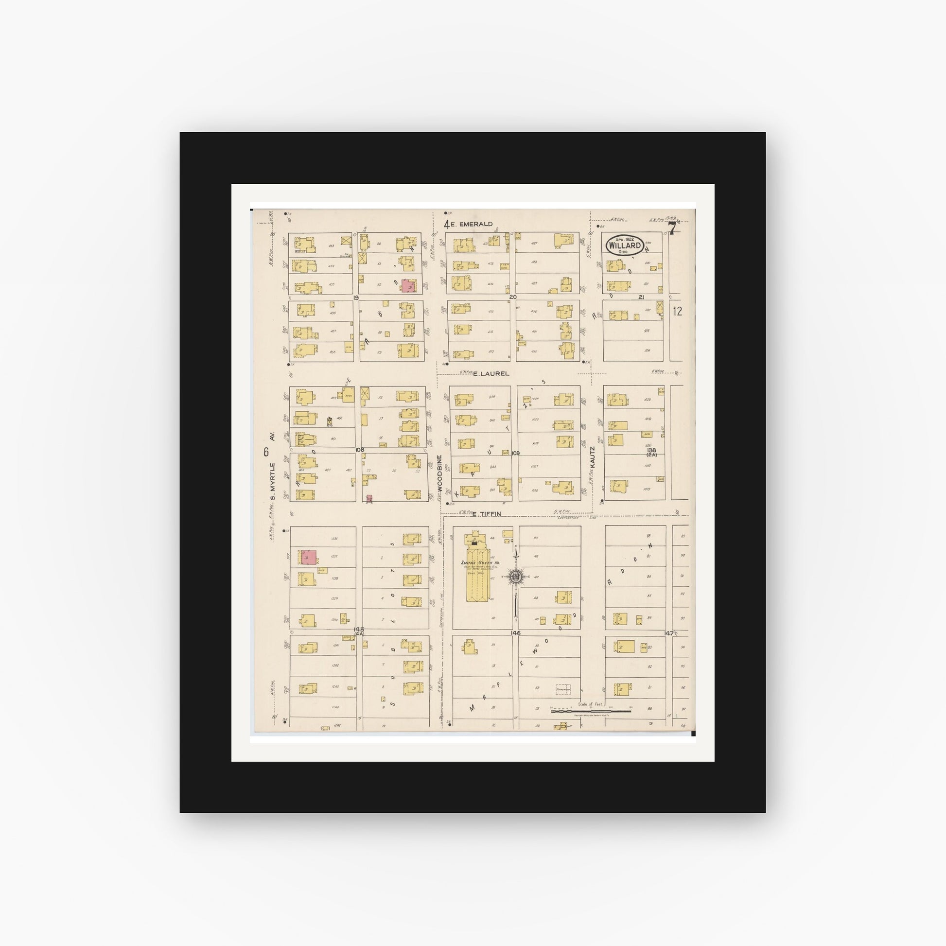 Old map wall art mockup — black gallery frame with white mat — Sanborn Fire Insurance Map from Willard, Huron County, Ohio (1922), Sheet #0007