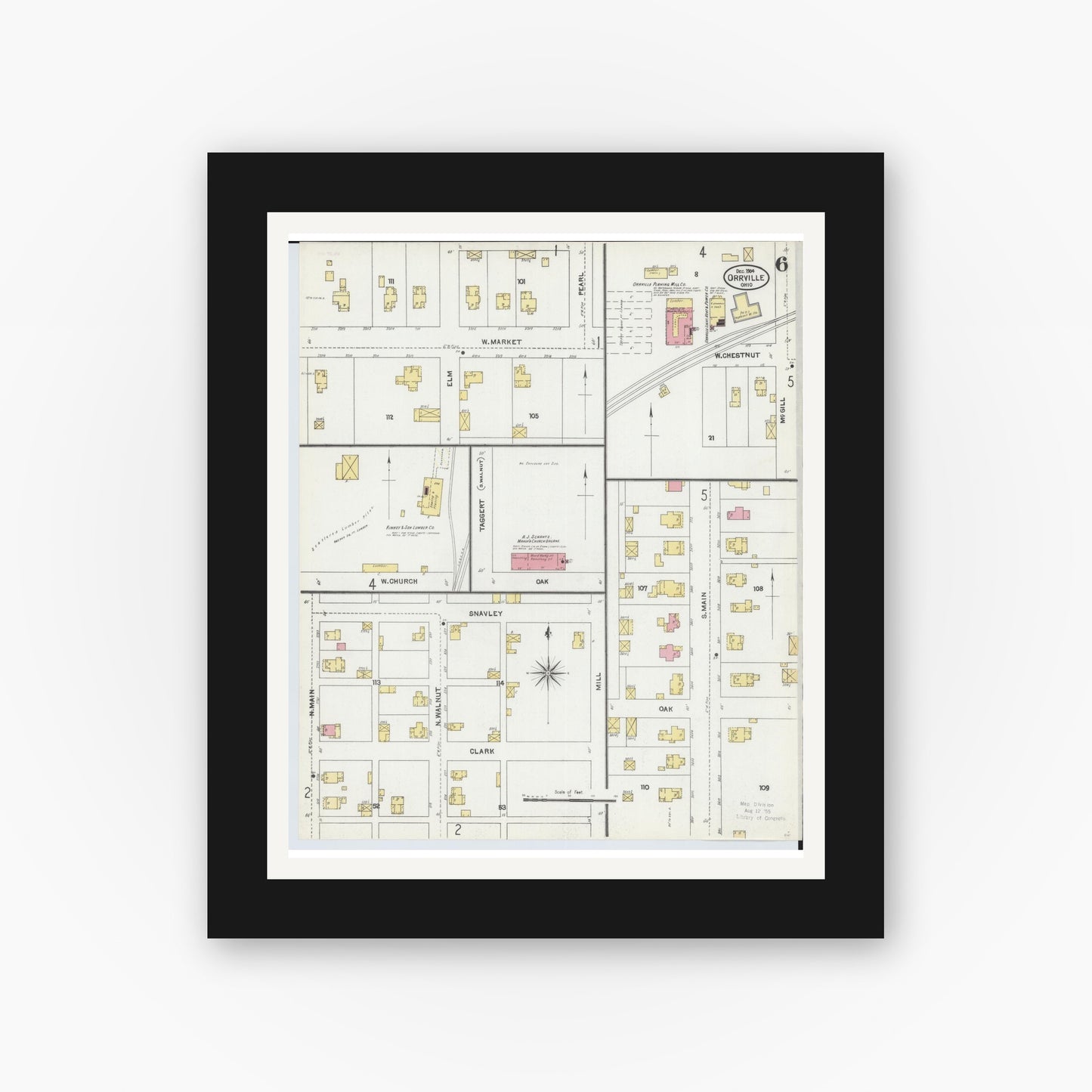 Old map wall art mockup — black gallery frame with white mat — Sanborn Fire Insurance Map from Orrville, Wayne County, Ohio (1904), Sheet #0006