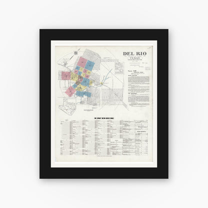 Old map wall art mockup — black gallery frame with white mat — Sanborn Fire Insurance Map from Del Rio, Val Verde County, Texas (1930) - Complete Map Set