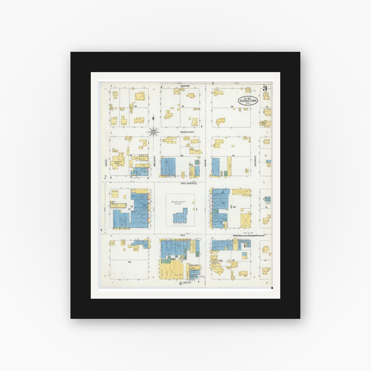 Old map wall art mockup — black gallery frame with white mat — Sanborn Fire Insurance Map from Georgetown, Williamson County, Texas (1905), Sheet #0003