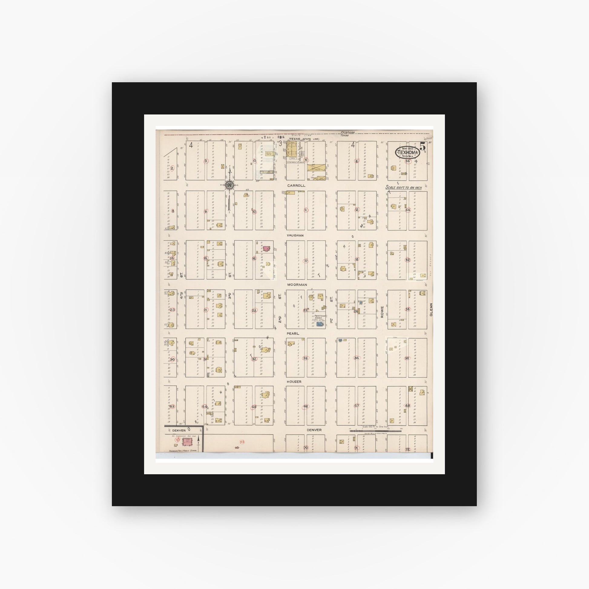 Old map wall art mockup — black gallery frame with white mat — Sanborn Fire Insurance Map from Texhoma, Texas County, Oklahoma and Sherman County, Texas, Texas (1930), Sheet #0005