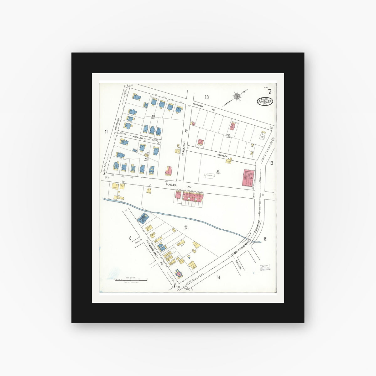 Old map wall art mockup — black gallery frame with white mat — Sanborn Fire Insurance Map from Ambler, Montgomery County, Pennsylvania (1921), Sheet #0007