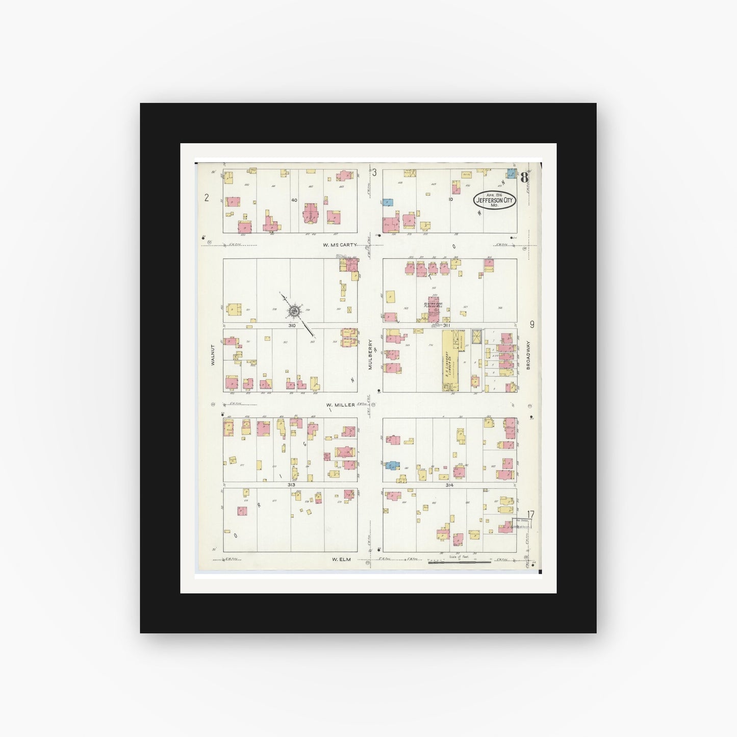 Old map wall art mockup — black gallery frame with white mat — Sanborn Fire Insurance Map from Jefferson City, Cole County, Missouri (1916), Sheet #0008