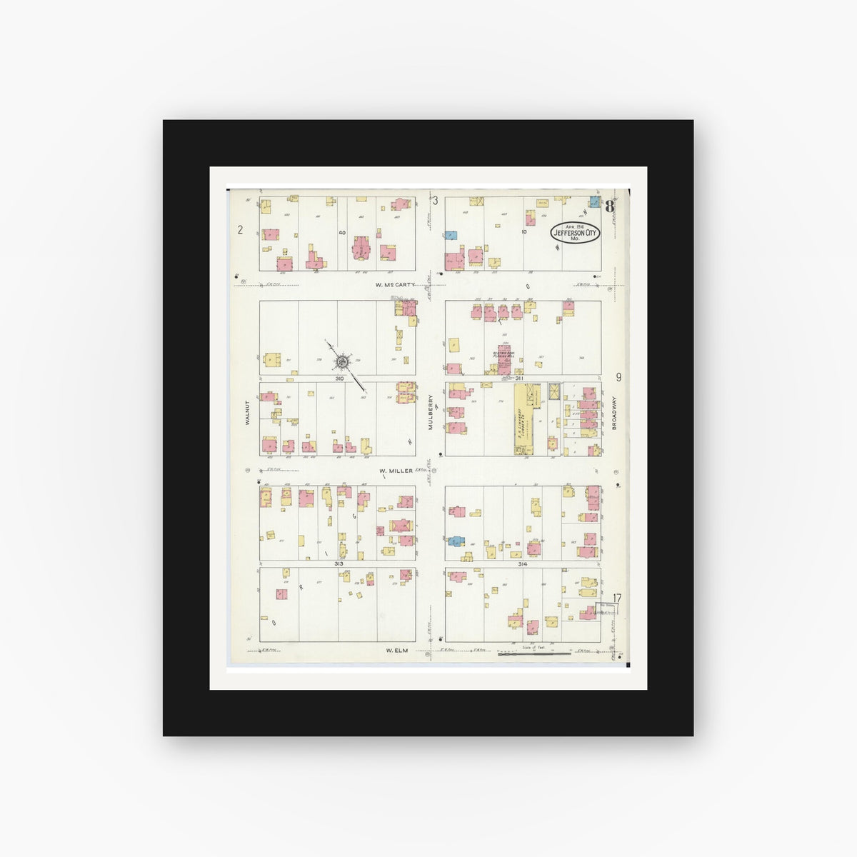 Old map wall art mockup — black gallery frame with white mat — Sanborn Fire Insurance Map from Jefferson City, Cole County, Missouri (1916), Sheet #0008