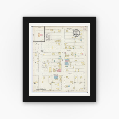 Old map wall art mockup — black gallery frame with white mat — Sanborn Fire Insurance Map from Byron, Ogle County, Illinois (1893), Sheet #0001