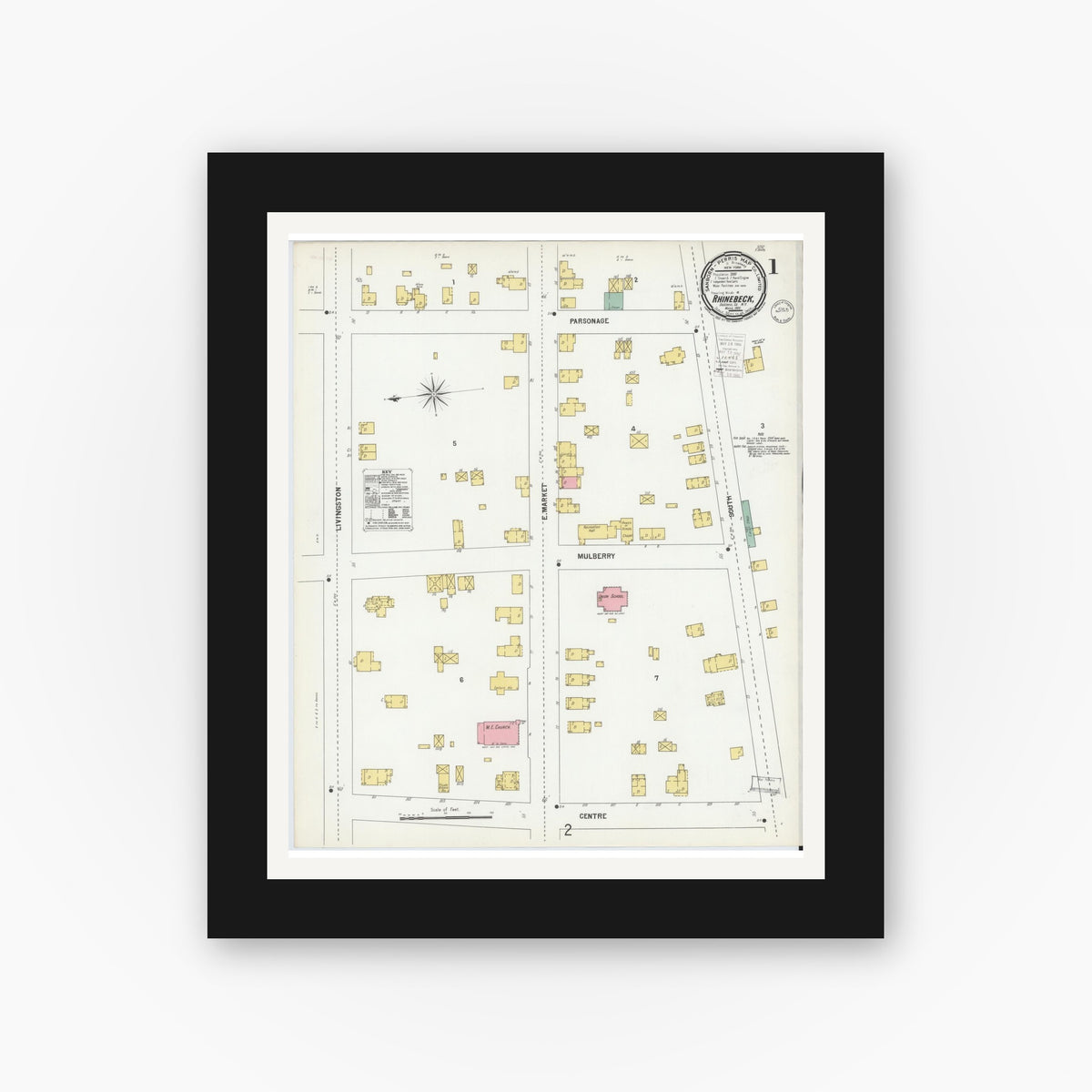 Old map wall art mockup — black gallery frame with white mat — Sanborn Fire Insurance Map from Rhinebeck, Dutchess County, New York (1900) - Complete Map Set