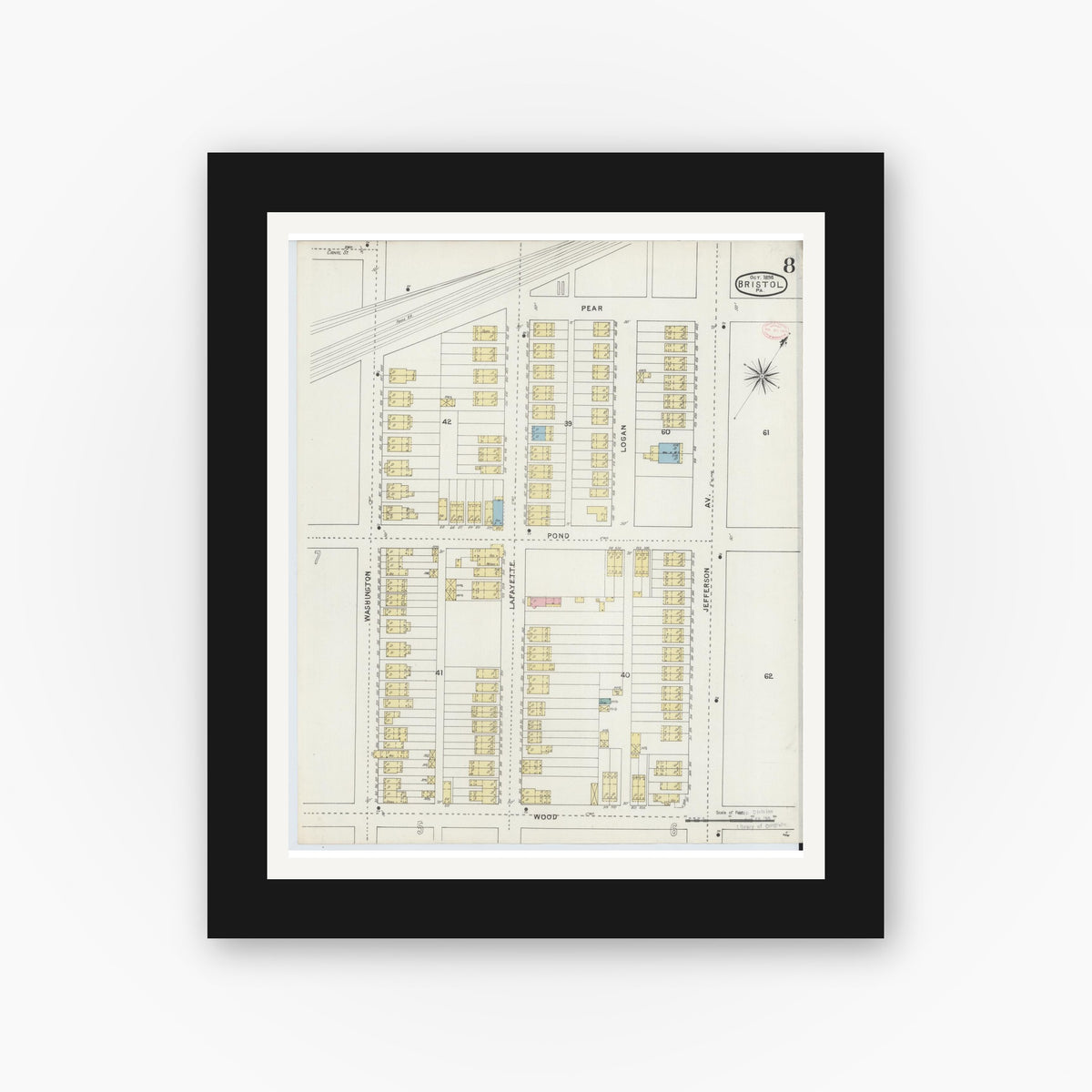 Old map wall art mockup — black gallery frame with white mat — Sanborn Fire Insurance Map from Bristol, Bucks County, Pennsylvania (1894), Sheet #0008