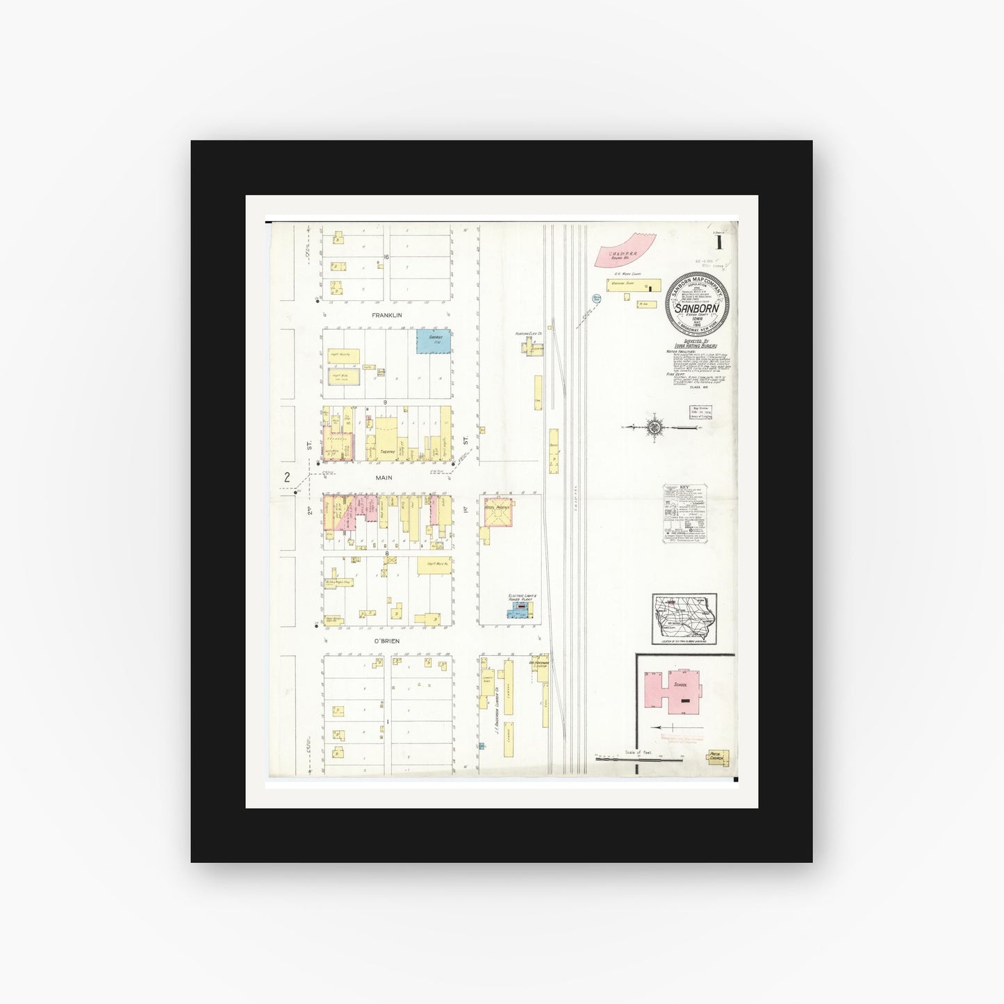 Old map wall art mockup — black gallery frame with white mat — Sanborn Fire Insurance Map from Sanborn, O'Brien County, Iowa (1916), Sheet #0001