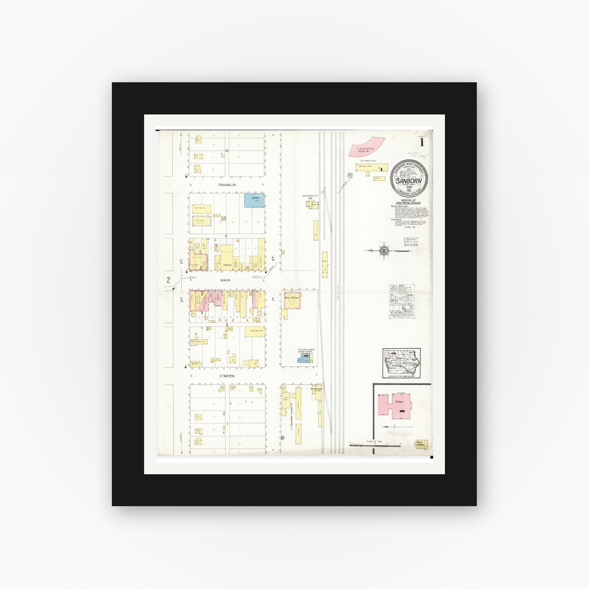 Old map wall art mockup — black gallery frame with white mat — Sanborn Fire Insurance Map from Sanborn, O'Brien County, Iowa (1916), Sheet #0001