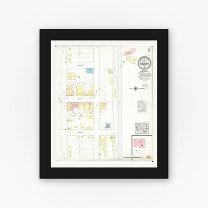 Old map wall art mockup — black gallery frame with white mat — Sanborn Fire Insurance Map from Sanborn, O'Brien County, Iowa (1916), Sheet #0001