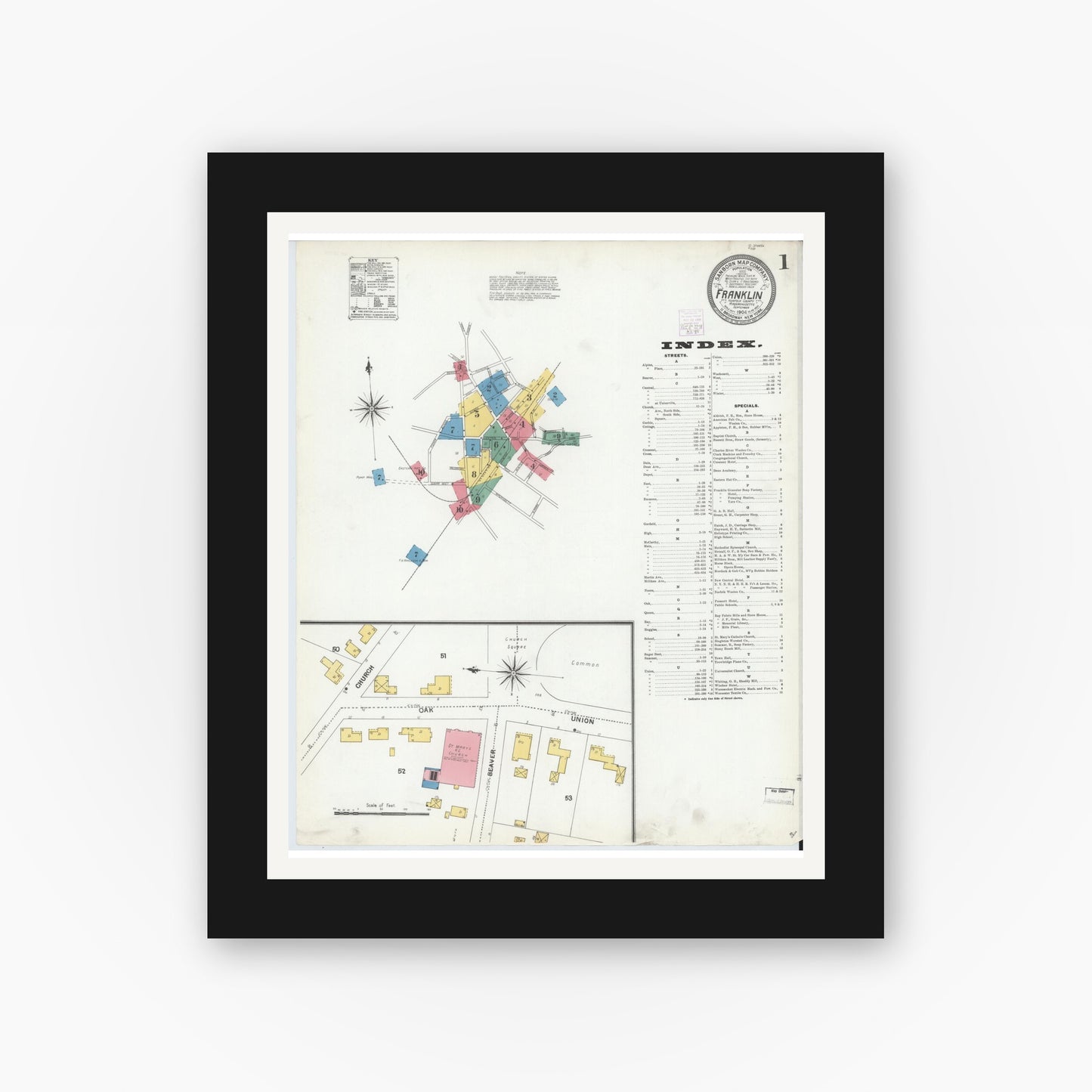 Old map wall art mockup — black gallery frame with white mat — Sanborn Fire Insurance Map from Franklin, Norfolk County, Massachusetts (1904) - Complete Map Set