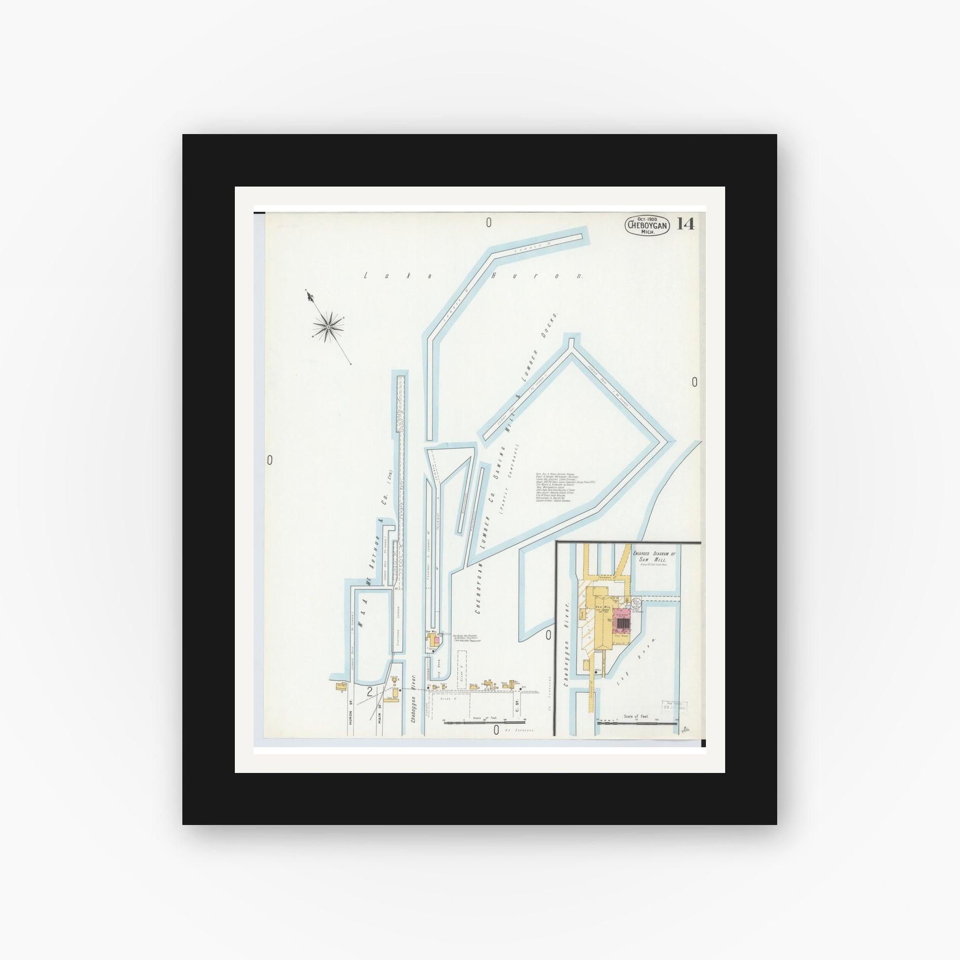 Old map wall art mockup — black gallery frame with white mat — Sanborn Fire Insurance Map from Cheboygan, Cheboygan County, Michigan (1900), Sheet #0014