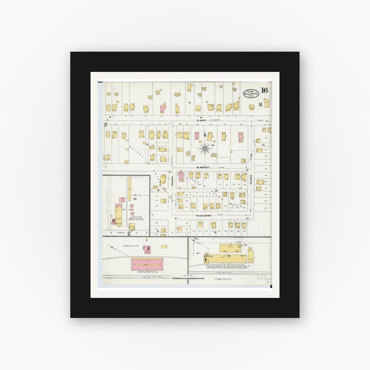 Old map wall art mockup — black gallery frame with white mat — Sanborn Fire Insurance Map from Alliance, Stark County, Ohio (1904), Sheet #0016