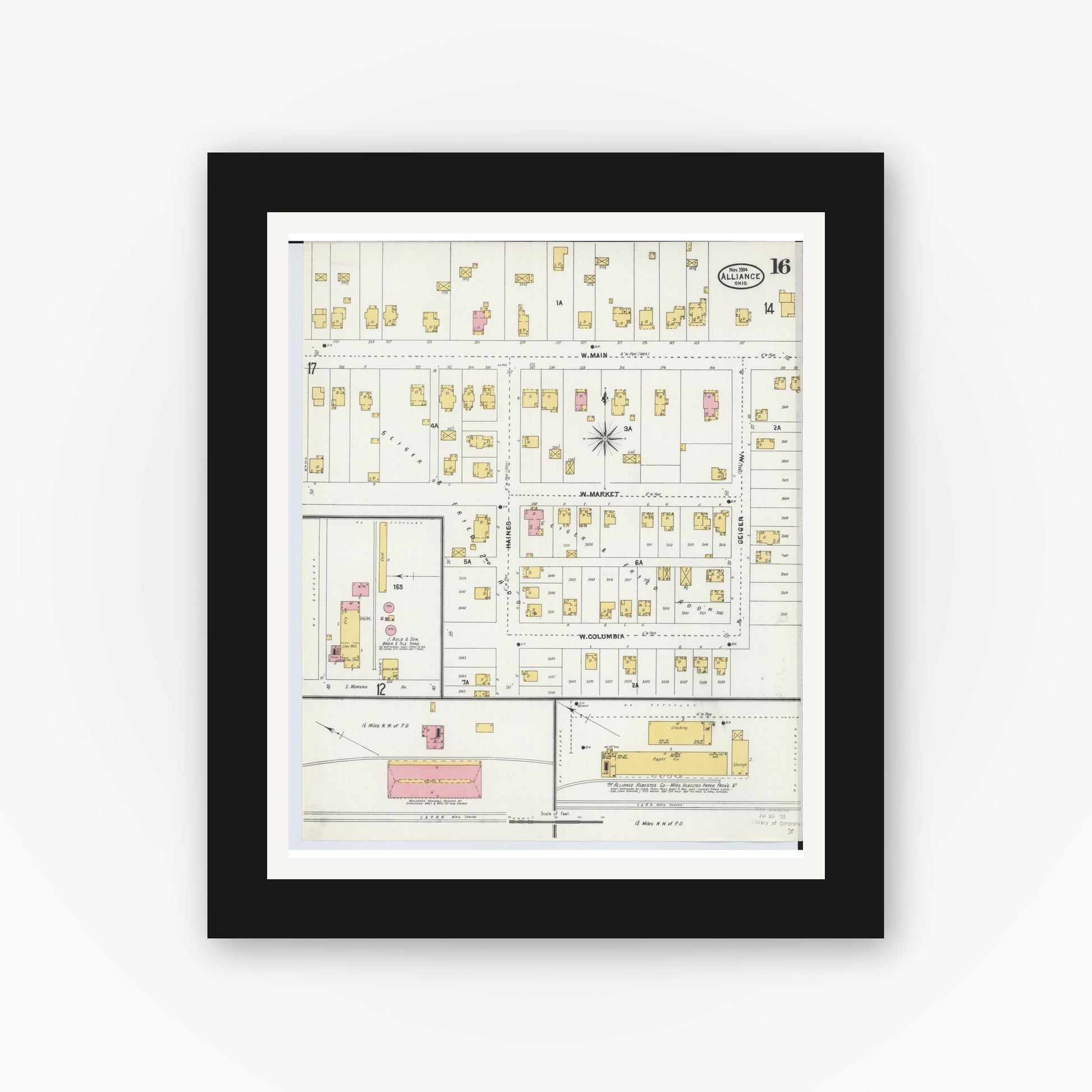 Old map wall art mockup — black gallery frame with white mat — Sanborn Fire Insurance Map from Alliance, Stark County, Ohio (1904), Sheet #0016