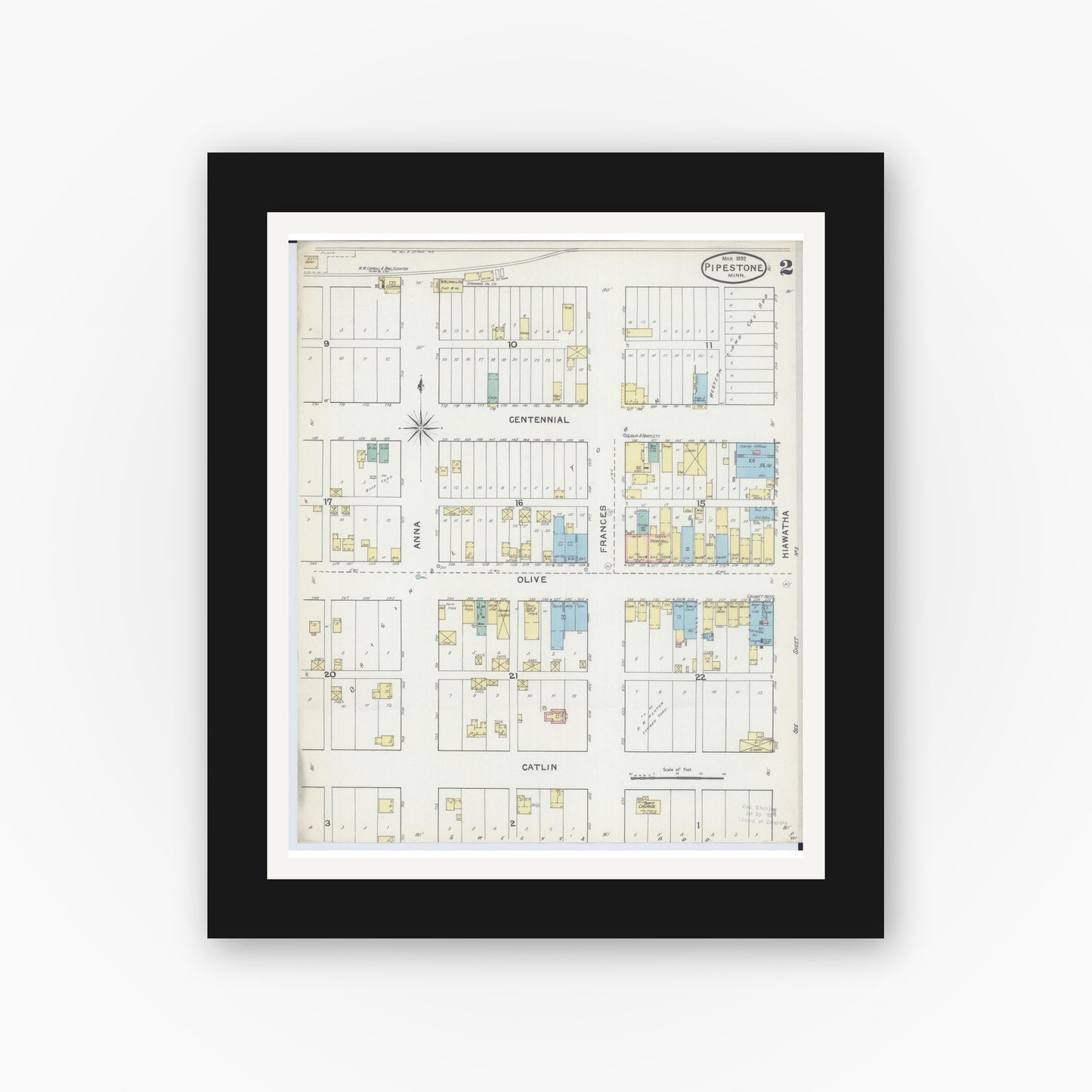 Old map wall art mockup — black gallery frame with white mat — Sanborn Fire Insurance Map from Pipestone, Pipestone County, Minnesota (1892), Sheet #0002