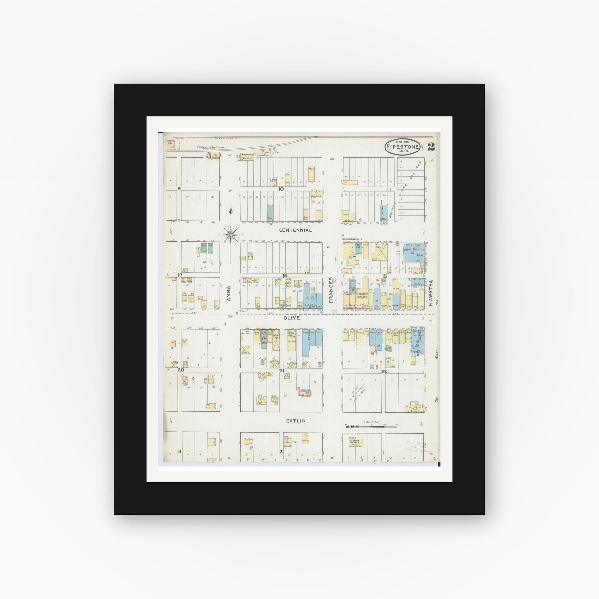 Old map wall art mockup — black gallery frame with white mat — Sanborn Fire Insurance Map from Pipestone, Pipestone County, Minnesota (1892), Sheet #0002